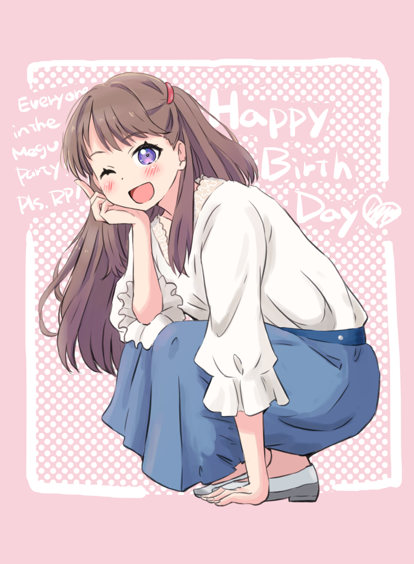 1girl ;d absurdres blue_skirt blush brown_hair casual commentary_request english_text flats fujishima_megumi fujishima_megumi_(summer_casual) full_body grey_footwear happy_birthday highres link!_like!_love_live! long_hair long_skirt looking_at_viewer love_live! maruyo official_alternate_costume one_eye_closed open_mouth pink_background pleated_skirt polka_dot polka_dot_background purple_eyes shirt shirt_tucked_in skirt slav_squatting three-quarter_sleeves smile solo split_mouth squatting two_side_up virtual_youtuber white_shirt
