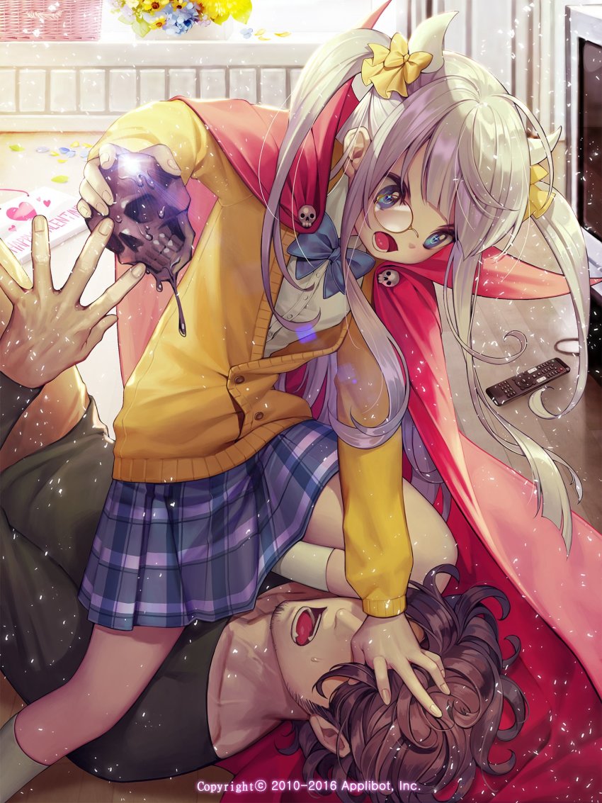 10s 1boy 1girl 2010 2016 black_shirt blue_bow blue_bowtie bow bowtie brown_hair cape cardigan child chocolate collared_shirt company_name controller dated dress_shirt english_text facial_hair flower furyou_michi_~gang_road~ goatee grey_hair hand_on_another&#039;s_face happy_valentine heart highres holding holding_skull kneehighs long_hair lying on_back on_floor open_mouth osuk2 plaid_clothes plaid_skirt pleated_skirt red_cape remote_control school_uniform shirt sign sitting sitting_on_person skirt skull socks sweater two_side_up very_long_hair watermark white_shirt white_socks wing_collar yellow_sweater