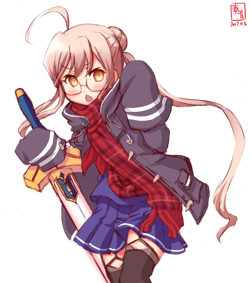 1girl ahoge alternate_costume artist_logo artoria_pendragon_(fate) black_thighhighs chestnut_mouth coat commentary_request cosplay dated excalibur_(fate/stay_night) fate/grand_order fate_(series) female_focus garter_straps glasses highres holding holding_sword holding_weapon kanon_(kurogane_knights) kantai_collection logo long_hair long_sleeves looking_at_viewer low_twintails makigumo_(kancolle) mysterious_heroine_x_alter_(fate) mysterious_heroine_x_alter_(fate)_(cosplay) mysterious_heroine_x_alter_(first_ascension)_(fate) pink_eyes pleated_skirt scarf school_uniform serafuku simple_background sketch skirt sleeves_past_wrists solo sword thighhighs twintails weapon white_background winter_clothes winter_coat yellow_eyes