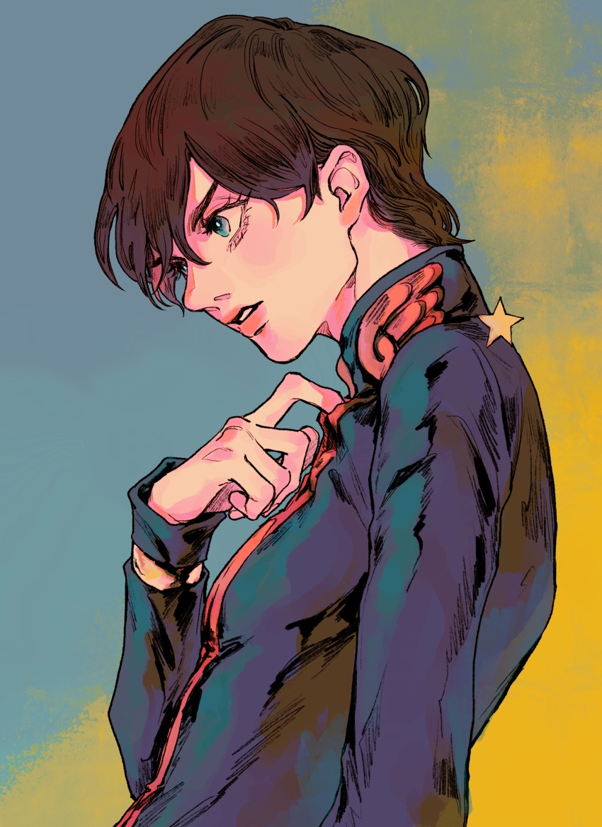 1boy absurdres adjusting_clothes bishounen black_jacket blue_eyes blue_jacket brown_hair giorno_giovanna hand_on_own_chest highres jacket jojo_no_kimyou_na_bouken male_focus official_alternate_hairstyle okokoro_zaiku parted_lips short_hair simple_background solo star_(symbol) two-tone_background upper_body vento_aureo