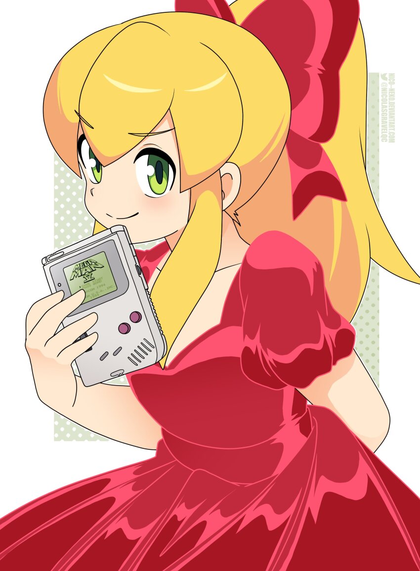 1girl absurdres blonde_hair blush breasts collarbone copyright_name cowboy_shot dress game_boy green_eyes hair_ribbon handheld_game_console high_ponytail highres holding long_hair looking_at_viewer medium_breasts mega_man_(classic) mega_man_(series) mega_man_v nico-neko polka_dot ponytail red_dress red_ribbon ribbon roll_(mega_man) solo