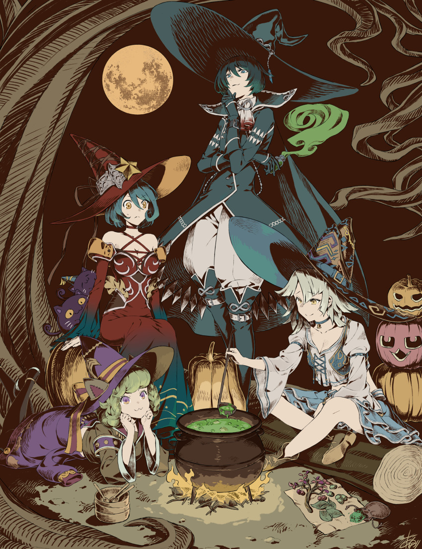 1boy 3girls :3 animal_ear_headwear animal_ears arizuka_(catacombe) baphomet_(megido72) bare_shoulders bare_tree black_hat blue_coat blue_eyes blue_footwear blue_hair blue_skirt boots bottle braid braided_hair_rings branch breasts campfire cat cat_ears cauldron cleavage closed_mouth coat commentary_request criss-cross_halter cropped_shirt crossed_arms decarabia_(megido72) detached_sleeves dress fake_animal_ears foot_up frown gradient_clothes gradient_dress green_hair grey_shirt grimalkin_(megido72) hair_rings halter_dress halterneck hand_on_own_chin hand_up hands_on_own_chin hat highres holding holding_bottle holding_ladle jack-o&#039;-lantern juliet_sleeves knee_boots ladle large_breasts leaf log long_sleeves lying medium_hair megido72 multiple_girls night on_ground on_stomach orias_(megido72) outdoors pants pants_tucked_in potion pouch powder puffy_sleeves purple_eyes red_dress red_hat shirt short_hair sitting sitting_on_log skirt sleeve_garter sleeveless sleeveless_dress smile standing stroking_own_chin tree white_pants wide_sleeves witch witch_hat yellow_eyes