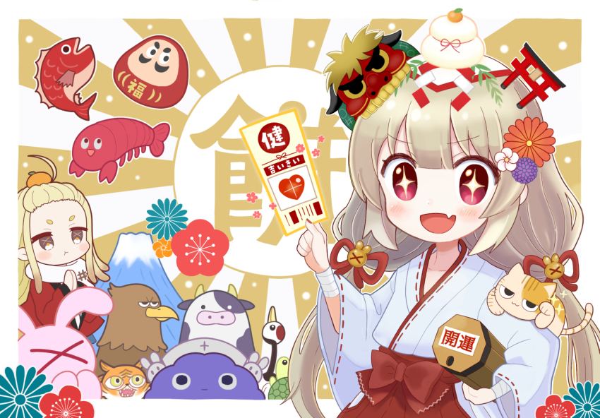 2girls :d animal animal_on_shoulder bird blonde_hair border cat cat_on_shoulder commentary_request cow daruma_doll eagle fang fish flower hakama holding_omikuji japanese_clothes kagami_mochi kimono kureya908 long_hair long_sleeves looking_at_viewer low_twintails maneki-neko miko mount_fuji multiple_girls natori_sana natori_sana_(miko) new_year omikuji open_mouth red_eyes red_hakama ribbon-trimmed_kimono ribbon_trim saana-kun saigou_r_irori sana_channel shrimp smile stuffed_animal stuffed_rabbit stuffed_toy tiger torii twintails virtual_youtuber white_border white_kimono wide_sleeves