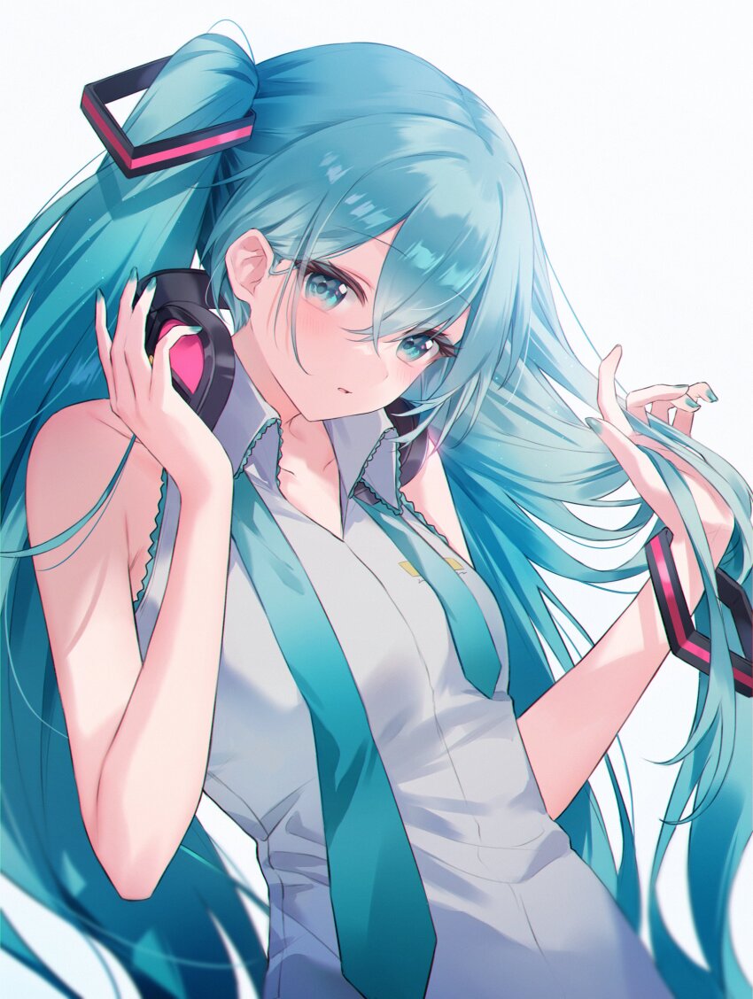 1girl absurdres aqua_eyes aqua_hair aqua_nails aqua_necktie armpit_crease bare_shoulders blush breasts collarbone grey_shirt hair_between_eyes hair_ornament harutoto hatsune_miku headphones highres long_hair looking_at_viewer medium_breasts necktie open_mouth shirt simple_background sleeveless sleeveless_shirt solo unworn_hair_ornament unworn_headphones unworn_necktie upper_body very_long_hair vocaloid white_background