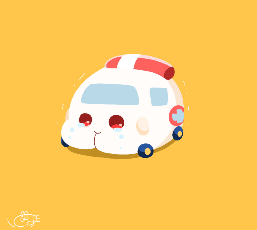 7yas absurdres ambulance ambulance_molcar commentary_request cross crying crying_with_eyes_open emergency_molcar greek_cross guinea_pig highres molcar motor_vehicle no_humans pui_pui_molcar red_eyes sad signature simple_background solo tears trembling wheel yellow_background