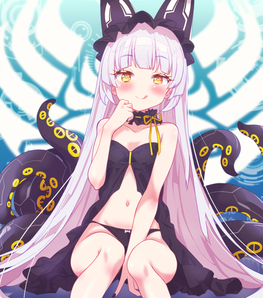 1girl animal_ears arbiter1 azur_lane bare_shoulders black_camisole black_nails black_panties blush breasts camisole choker frilled_choker frills grey_hair highres long_hair looking_at_viewer multiple_girls navel observer_alpha_(azur_lane) panties siren_(azur_lane) sitting small_breasts smile solo stomach tentacles tongue tongue_out underwear white_hair yellow_eyes