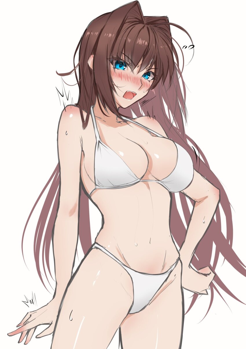 1girl aozaki_aoko blue_eyes blush bra breasts brown_hair cleavage hand_on_own_hip highres large_breasts long_hair looking_at_viewer mahou_tsukai_no_yoru navel open_mouth panties solo toomishou type-moon underwear white_background white_bra white_panties