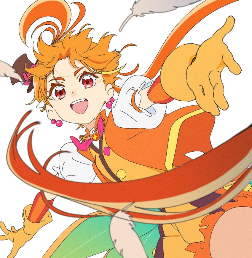 :d absurdres black_hat cure_wing dot_nose falling_feathers feathers gloves hat highres hirogaru_sky!_precure magical_boy mini_hat open_mouth orange_hair orange_shirt outstretched_arm outstretched_arms precure puffy_sleeves reaching reaching_towards_viewer red_eyes saitou_atsushi_(kamatamanankotu) shirt short_hair simple_background smile spread_arms teeth upper_teeth_only white_background yellow_gloves yuunagi_tsubasa