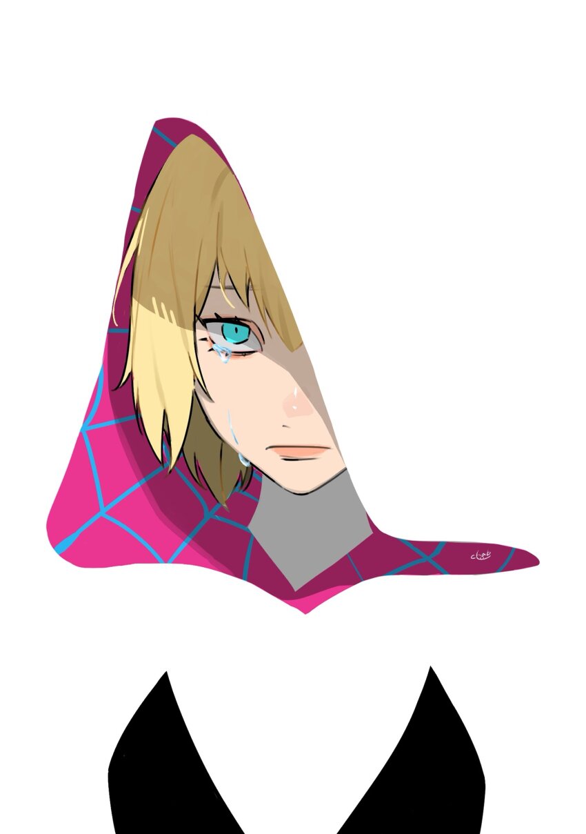 1girl black_bodysuit blending blonde_hair blue_eyes bodysuit haji_(haji07lo) highres hood hood_up marvel solo spider-gwen spider-man_(series) tears upper_body white_bodysuit