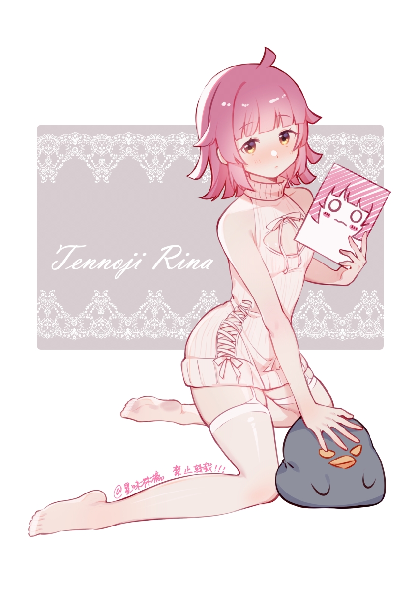 1girl absurdres ahoge arm_support bird blunt_bangs blunt_ends blush character_name chinese_commentary cleavage_cutout clothing_cutout commentary_request cross-laced_sweater dot_nose drawing_(object) expressionless flat_chest full_body garter_straps hand_up highres holding holding_paper kneeling legs looking_at_viewer love_live! love_live!_nijigasaki_high_school_idol_club meme_attire no_shoes o_o paper penguin pink_hair rina-chan_board short_hair sidelocks sleeveless sleeveless_sweater solo starringooo stuffed_toy sweater tennoji_rina thighhighs thighs virgin_killer_sweater wavy_mouth white_background white_sweater white_thighhighs yellow_eyes