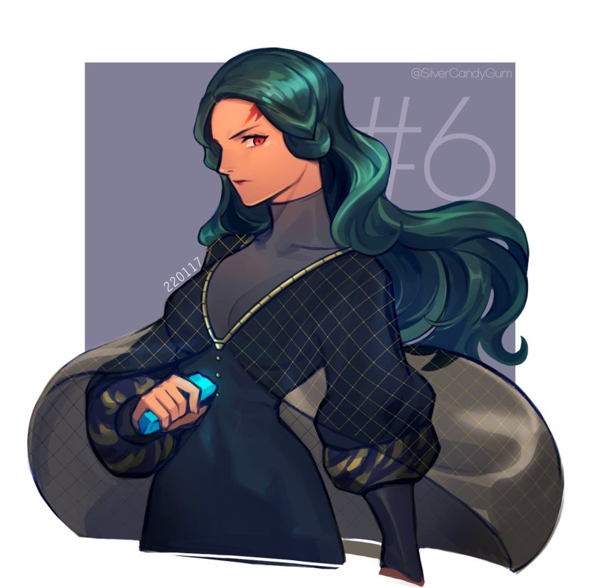 1girl almedha_(fire_emblem) black_hair breasts closed_mouth colored_skin facial_mark fire_emblem fire_emblem:_radiant_dawn highres holding large_breasts long_hair looking_at_viewer nintendo orange_skin red_eyes silvercandy_gum simple_background turtleneck upper_body