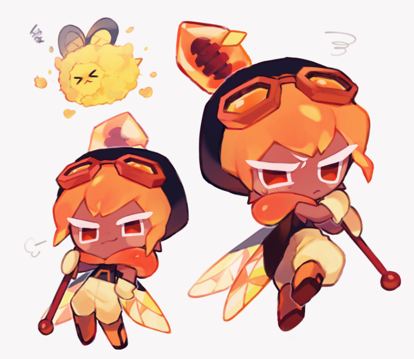 &gt;_&lt; 1boy :&lt; :3 amber_sugar_cookie bare_shoulders beanie bee bee_boy bee_wings black_hat black_hoodie blush boots bug closed_mouth commentary_request cookie_run cookie_run:_ovenbreak dark-skinned_male dark_skin double-parted_bangs full_body gloves goggles goggles_on_head grey_background hair_between_eyes hand_on_own_hip hat holding honey_dipper hood hood_down hoodie humble_bumble insect insect_wings knee_boots looking_at_viewer makoto_(konbumi) male_focus multiple_views orange_boots orange_goggles orange_hair orange_hood pants puffy_pants red_eyes short_hair simple_background sleeveless sleeveless_hoodie squiggle standing sweatdrop v-shaped_eyebrows wings yellow_gloves yellow_pants