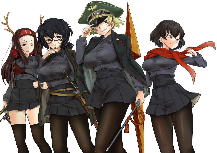 4girls absurdres adjusting_clothes adjusting_headwear alternate_costume antlers black_eyes black_hair black_jacket black_pantyhose black_skirt black_thighhighs blonde_hair brown_eyes brown_hair caesar_(girls_und_panzer) closed_mouth commentary_request commission dress_shirt erwin_(girls_und_panzer) fake_antlers frown girls_und_panzer goggles goggles_on_headwear green_hat grey_shirt hair_tie half-closed_eyes hand_on_own_arm hand_on_own_hip haori hat headband highres holding holding_sword holding_weapon horns insignia jacket jacket_on_shoulders japanese_clothes kuromorimine_military_uniform kuromorimine_school_uniform long_hair long_sleeves looking_at_viewer looking_to_the_side medium_hair messy_hair military_hat miniskirt multiple_girls muneate nabeyu one_eye_closed oryou_(girls_und_panzer) pantyhose partial_commentary peaked_cap pixiv_commission pleated_skirt pointy_hair ponytail red-framed_eyewear red_headband red_scarf reindeer_antlers saemonza_(girls_und_panzer) sanada_clan_(emblem) scarf school_uniform semi-rimless_eyewear sheath shirt short_hair short_ponytail simple_background skirt smirk standing straight_hair sword thighhighs under-rim_eyewear unsheathed walking weapon white_background wing_collar