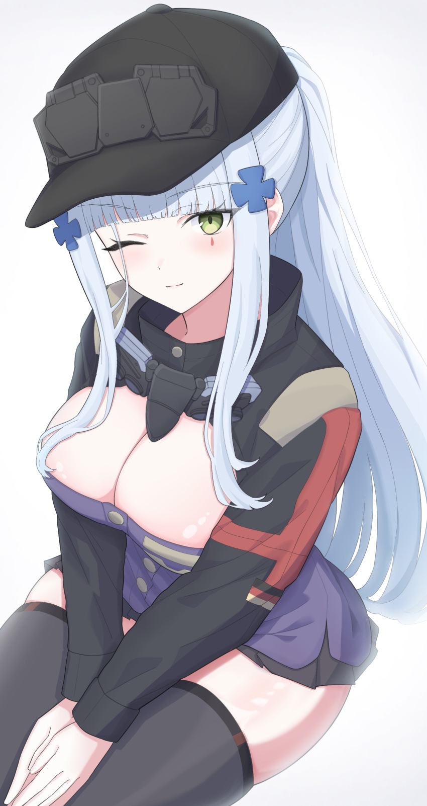 1girl absurdres baseball_cap black_hat black_thighhighs breasts cleavage closed_mouth cross_hair_ornament german_flag girls&#039;_frontline girls&#039;_frontline_2:_exilium green_eyes hair_ornament hat highres hk416_(girls&#039;_frontline) invisible_chair jacket klukai_(girls&#039;_frontline_2) large_breasts light_smile long_hair looking_at_viewer one_eye_closed own_hands_together ponytail purple_jacket sidelocks simple_background sitting solo tattoo teardrop_facial_mark teardrop_tattoo thighhighs uchikata_takeaki white_background