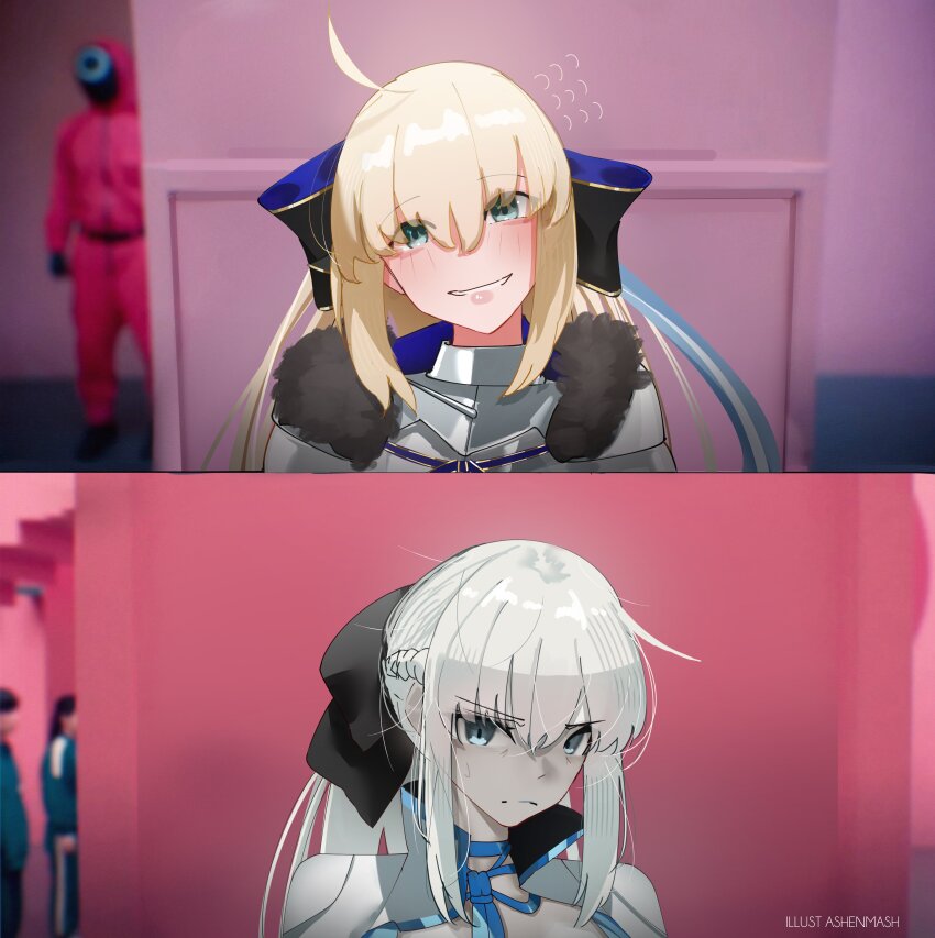 2girls absurdres aesc_(fate) aesc_(savior)_(fate) ahoge armor black_bow blonde_hair blue_eyes blue_ribbon bow braid breastplate cyrilashnmsh fate/grand_order fate_(series) fur_trim green_eyes grey_hair hair_bow half_up_braid highres long_hair long_sleeves looking_at_viewer meme messy_hair morgan_le_fay_(fate) multiple_girls ponytail ribbon sidelocks smile squid_game two-sided_bow year_1_&amp;_year_2_(squid_game)_(meme)