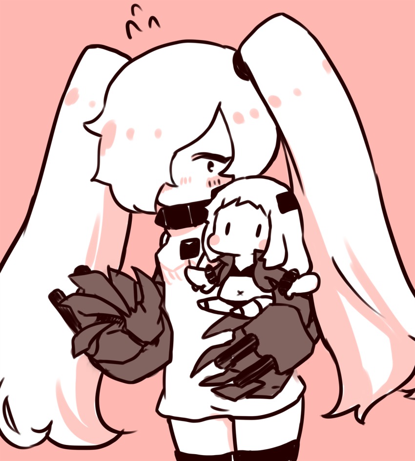 2girls abyssal_ship ahoge alternate_costume bikini carrying chibi cosplay costume_switch female_focus gauntlets hair_over_one_eye highres horns jacket kantai_collection kobone limited_palette long_hair machinery mittens monochrome multiple_girls navel northern_ocean_hime_(cosplay) northern_ocean_princess ship_turret simple_background sketch southern_ocean_oni southern_ocean_oni_(cosplay) swimsuit thighhighs twintails very_long_hair zettai_ryouiki |_|