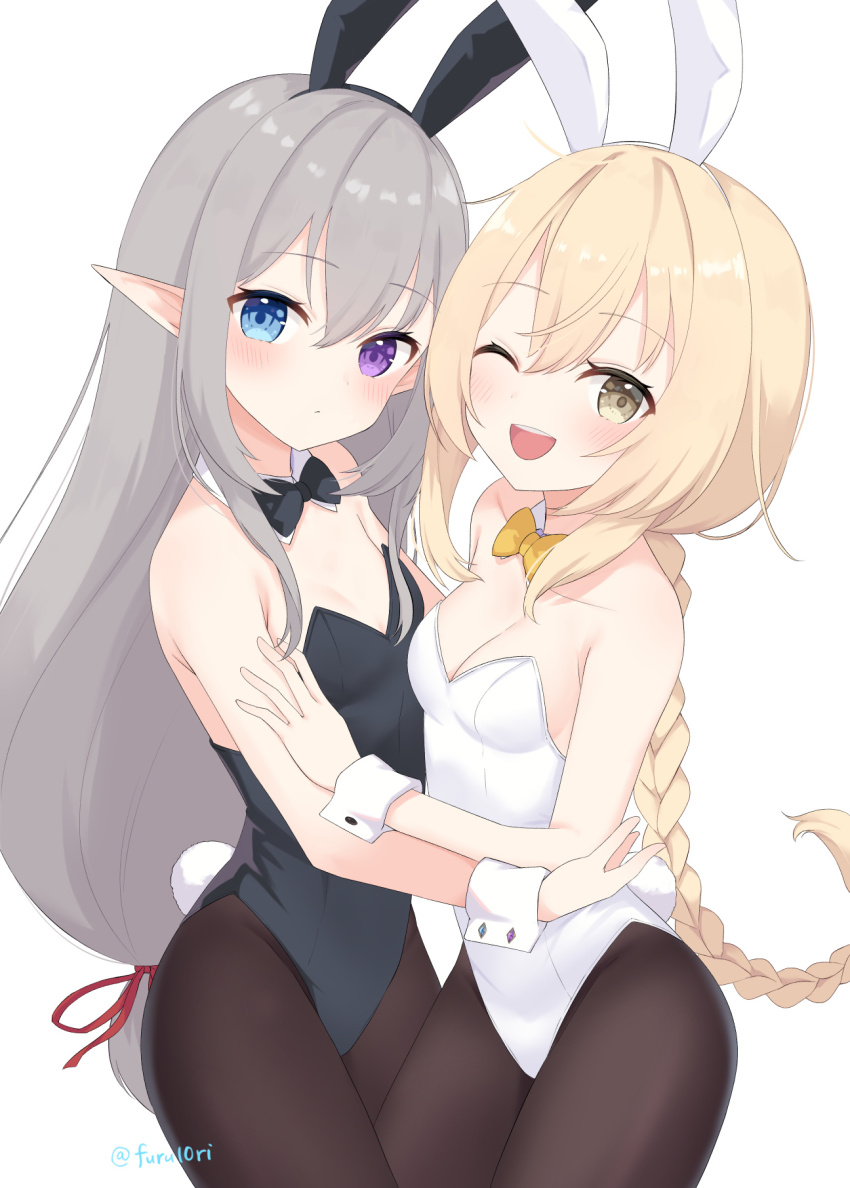 2girls animal_ears black_leotard black_pantyhose blonde_hair blue_eyes blush bow bowtie braid braided_ponytail breasts closed_mouth collar commission cowboy_shot detached_collar fake_animal_ears furutori grey_hair hair_between_eyes hair_ribbon heterochromia highres hug leotard light_frown long_hair looking_at_viewer multiple_girls one_eye_closed open_mouth original pantyhose playboy_bunny pointy_ears ponytail purple_eyes rabbit_ears rabbit_tail red_ribbon ribbon sidelocks simple_background skeb_commission small_breasts smile tail teeth twitter_username upper_teeth_only very_long_hair white_background white_collar white_leotard yellow_bow yellow_bowtie yellow_eyes