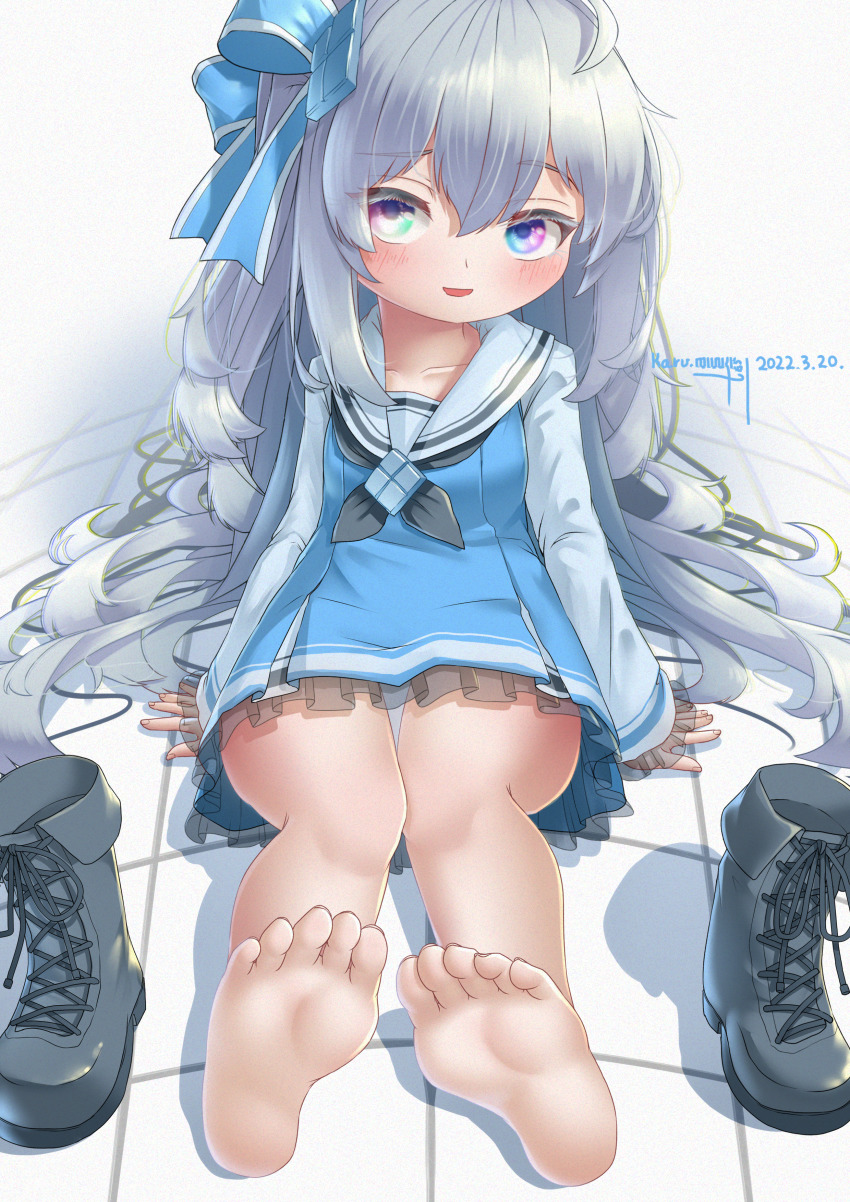 1girl absurdres ahoge barefoot black_neckerchief blue_boots blue_bow blue_dress blue_eyes blush boots bow chinese_commentary closed_mouth dated dress eyebrows_hidden_by_hair feet female_focus frilled_dress frills full_body grey_hair hair_bow highres karv loli long_hair long_sleeves looking_at_viewer lying microsoft_windows neckerchief on_back on_floor one_side_up os-tan sailor_collar see-through_clothes shirt signature solo unworn_boots white_sailor_collar white_shirt windows_11 windows_logo