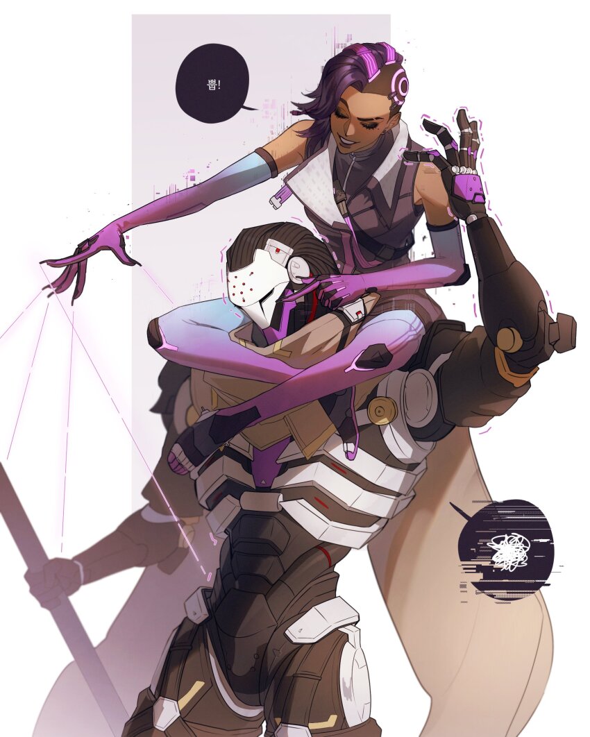 1boy 1girl 47_lall absurdres arm_up asymmetrical_hair cable_hair cyborg dark-skinned_female dark_skin elbow_gloves eyebrow_cut gloves grin hand_on_another&#039;s_cheek hand_on_another&#039;s_face highres holographic_interface humanoid_robot korean_text looking_down mechanical_head mole mole_under_eye overwatch poking puppet_strings purple_eyes purple_gloves purple_hair purple_lips ramattra_(overwatch) robot simple_background sitting_on_shoulder sleeveless sleeveless_jacket smile sombra_(overwatch) speech_bubble spoken_scribble talking trembling white_background
