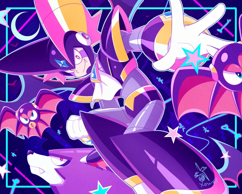 1boy armor bass_(mega_man) black_armor black_helmet blue_background chest_jewel fang forehead_jewel halloween helmet highres looking_at_viewer male_focus mega_man_(classic) mega_man_(series) non-humanoid_robot robot robot_animal robot_dog smile solo_focus treble_(mega_man) xenon_(xenonb)