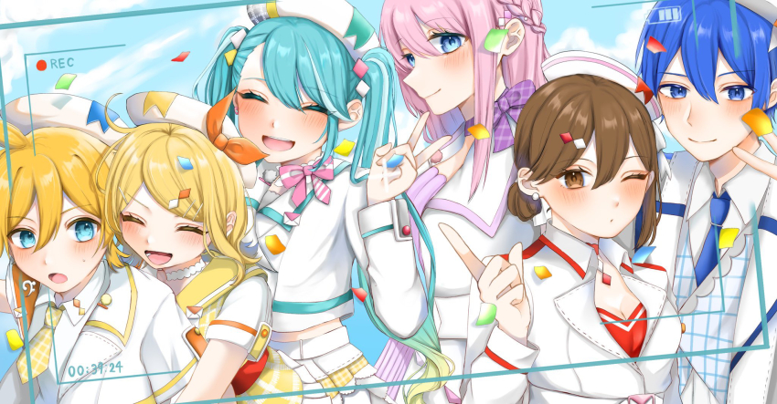 2boys 4girls blonde_hair blue_eyes blue_hair blush braid brown_eyes brown_hair closed_eyes collared_shirt commentary_request confetti day hair_bun hat hatsune_miku highres hug hug_from_behind index_finger_raised kagamine_len kagamine_rin kaito_(vocaloid) long_hair long_sleeves magical_mirai_(vocaloid) magical_mirai_kaito magical_mirai_kaito_(2024) magical_mirai_len magical_mirai_len_(2024) magical_mirai_luka magical_mirai_luka_(2024) magical_mirai_meiko magical_mirai_meiko_(2024) magical_mirai_miku magical_mirai_miku_(2024) magical_mirai_rin magical_mirai_rin_(2024) megurine_luka meiko_(vocaloid) midriff_peek multiple_boys multiple_girls nano_(nano_15) necktie one_eye_closed open_mouth pink_hair recording shirt short_hair short_sleeves skirt sky smile twintails v viewfinder vocaloid
