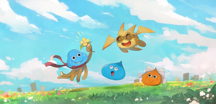 :&gt; :d ^_^ arm_up black_eyes blue_sky blush bo_(dragon_quest) bow closed_eyes closed_mouth cloud commentary_request day dragon_quest eyelashes field flower flying goggles grass grin highres holding holding_flower hooly_(dragon_quest) linne_(hld_doreko) no_humans notice_lines open_mouth outdoors red_scarf rocket_(dragon_quest) scarf sky slime_(creature) slime_morimori_dragon_quest smile swotsy_(dragon_quest) white_bow white_flower yellow_flower