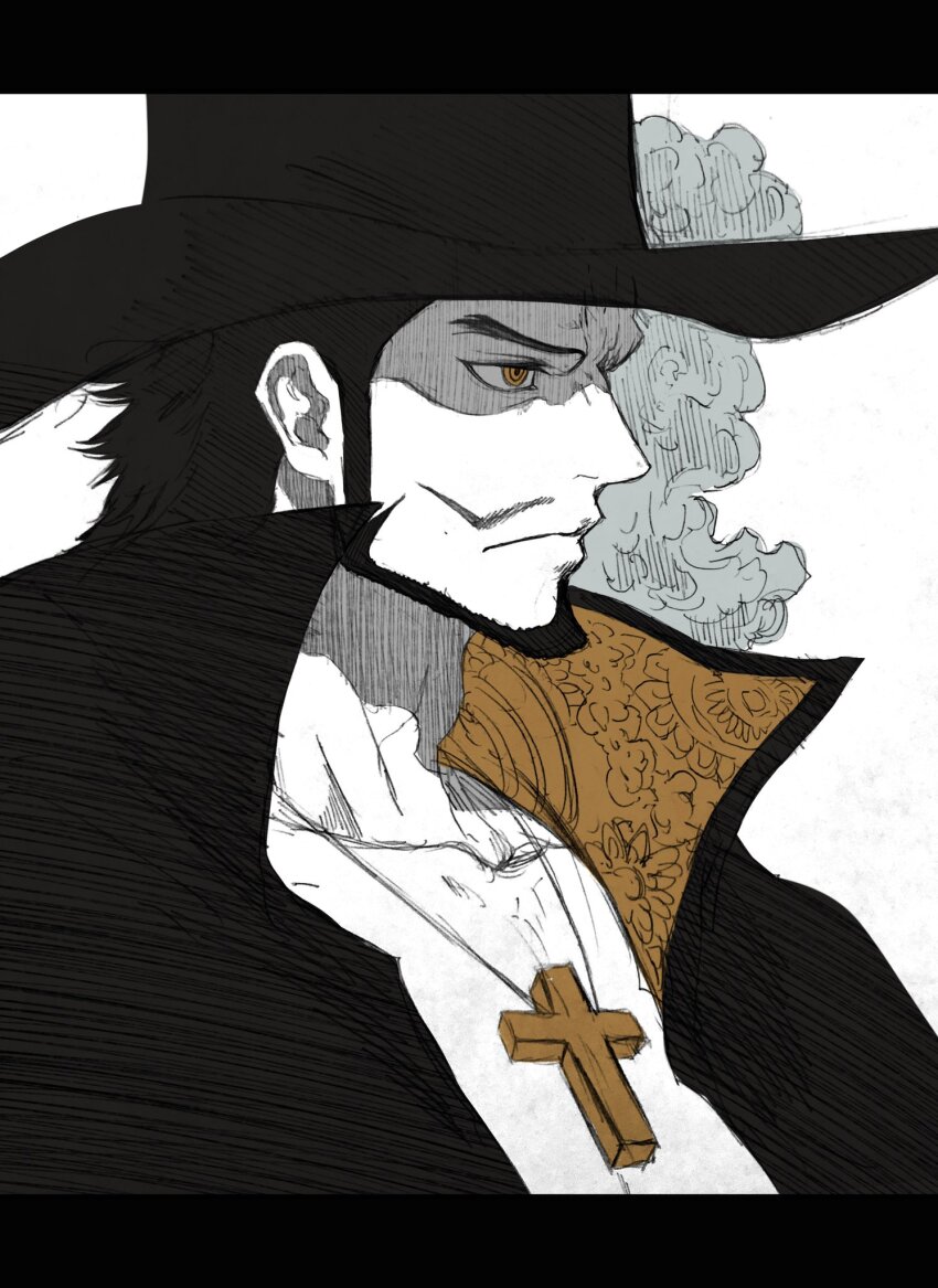1boy bake_ryori beard black_hair closed_mouth commentary cross_pendant dracule_mihawk facial_hair hat_feather high_collar highres letterboxed male_focus mustache one_piece profile sideburns simple_background solo symbol-only_commentary upper_body white_background