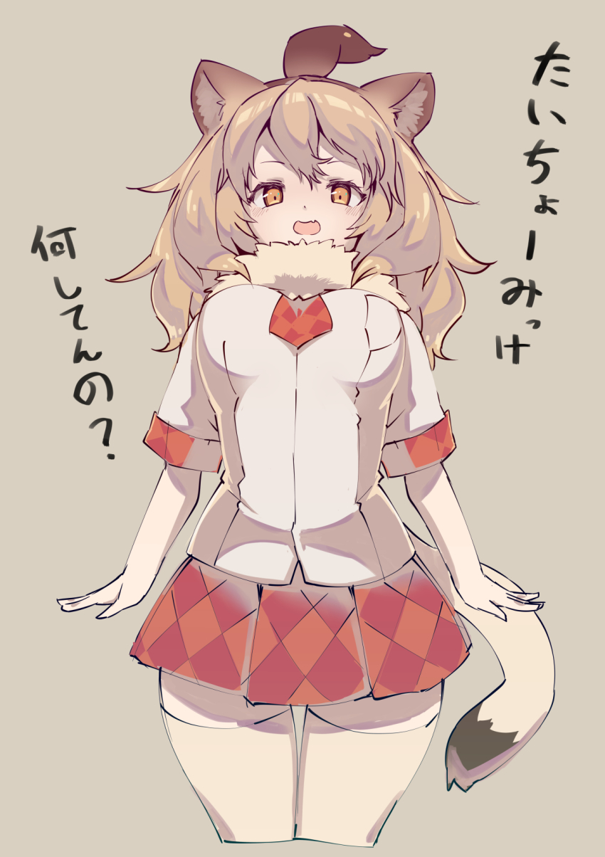 1girl animal_ears bird_witch blonde_hair blush commentary_request cowboy_shot fang fur_collar highres kemono_friends lion_(kemono_friends) lion_ears lion_girl lion_tail looking_at_viewer necktie open_mouth plaid_clothes plaid_necktie plaid_neckwear plaid_skirt plaid_trim pleated_skirt red_necktie red_skirt shirt short_hair short_sleeves skirt solo t-shirt tail thighhighs translation_request white_fur white_shirt white_thighhighs yellow_eyes zettai_ryouiki