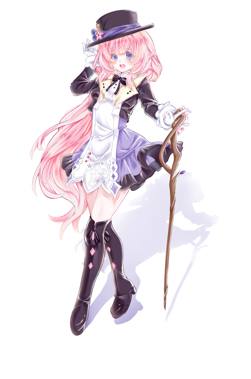 1girl ayu9914570 black_boots blue_eyes boots cane chinese_commentary commentary_request cropped_jacket dress elf elysia_(honkai_impact) gloves hat highres holding holding_cane honkai_(series) honkai_impact_3rd long_hair official_alternate_costume pink_hair pointy_ears purple_dress shadow simple_background solo thigh_boots thighs top_hat white_background white_gloves