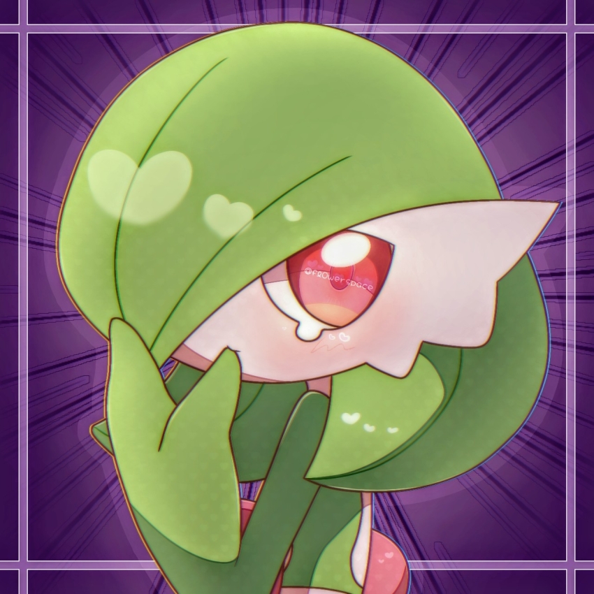 1girl artist_name bob_cut border chromatic_aberration closed_mouth colored_skin creatures_(company) female_focus finger_to_mouth from_side game_freak gardevoir gen_3_pokemon green_hair green_skin hair_over_one_eye hand_to_own_mouth heart heart_in_eye highres looking_at_viewer multicolored_skin nintendo one_eye_covered outside_border pokemon pokemon_(creature) purple_background purple_border red_eyes short_hair solo symbol_in_eye tears twitter_username two-tone_skin white_skin yuri_(fl0werspace)