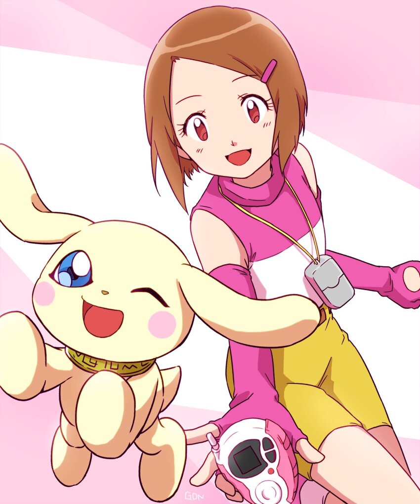 1girl :d ;d blue_eyes brown_hair digimon digimon_(creature) digimon_adventure_02 digivice elbow_gloves fingerless_gloves gdn0522 gloves hair_ornament hairclip highres holding looking_at_viewer one_eye_closed open_mouth parted_bangs pink_background pink_gloves pink_vest plotmon red_eyes short_hair shorts smile two-tone_vest vest white_background white_vest yagami_hikari yellow_shorts