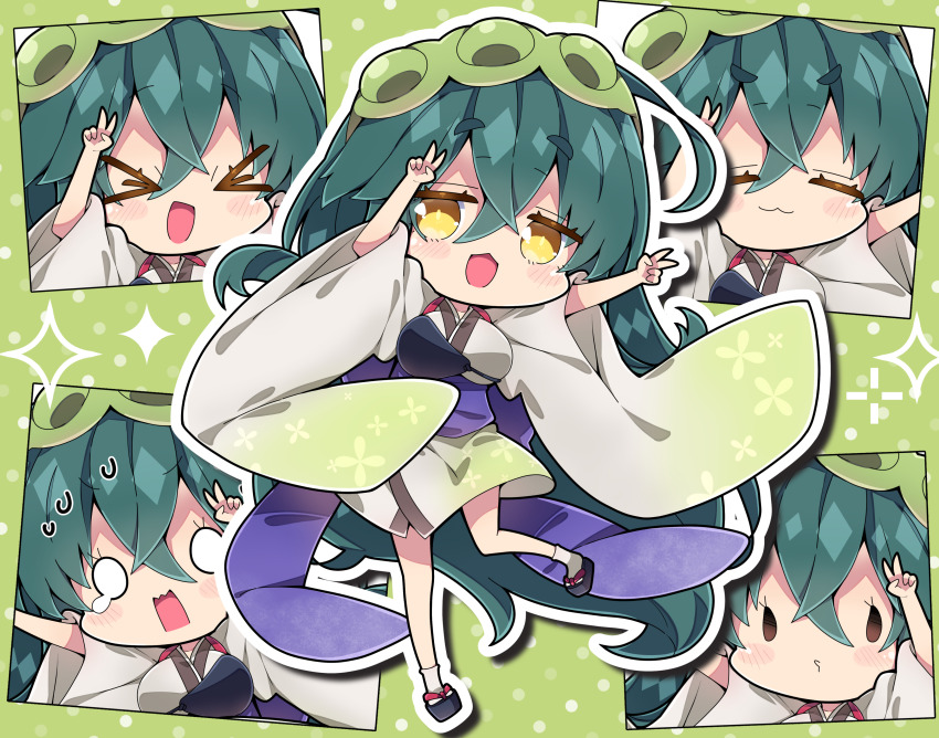 &gt;_&lt; 1girl :d absurdres black_sandals blush_stickers breasts brown_eyes brown_kimono chibi closed_eyes commentary_request green_background green_hair green_hairband hair_between_eyes hairband highres japanese_clothes kimono large_breasts long_sleeves milkpanda multiple_views muneate obi open_mouth polka_dot polka_dot_background sandals sash short_eyebrows smile socks solid_oval_eyes sweat tabi teardrop thick_eyebrows touhoku_zunko voiceroid white_socks wide_sleeves xd zouri