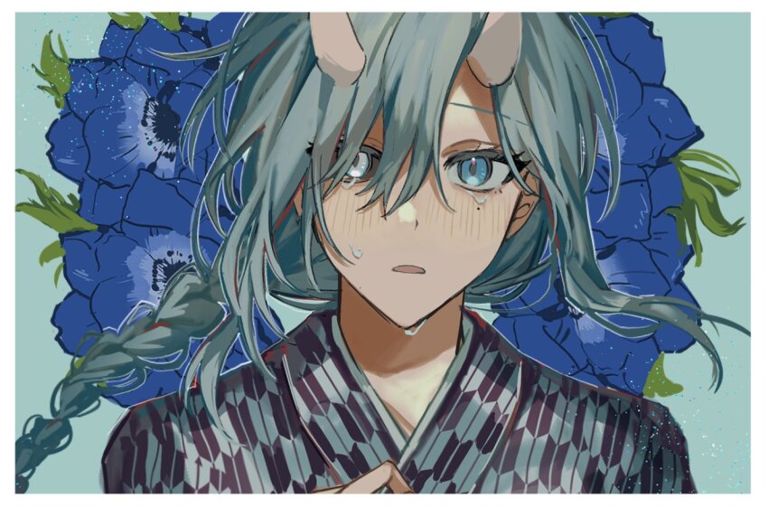 1girl blue_background blue_eyes blush hair_between_eyes heterochromia japanese_clothes kimono miki_ibara oni open_mouth solo tears yoruno youkai_gakkou_no_sensei_hajimemashita!