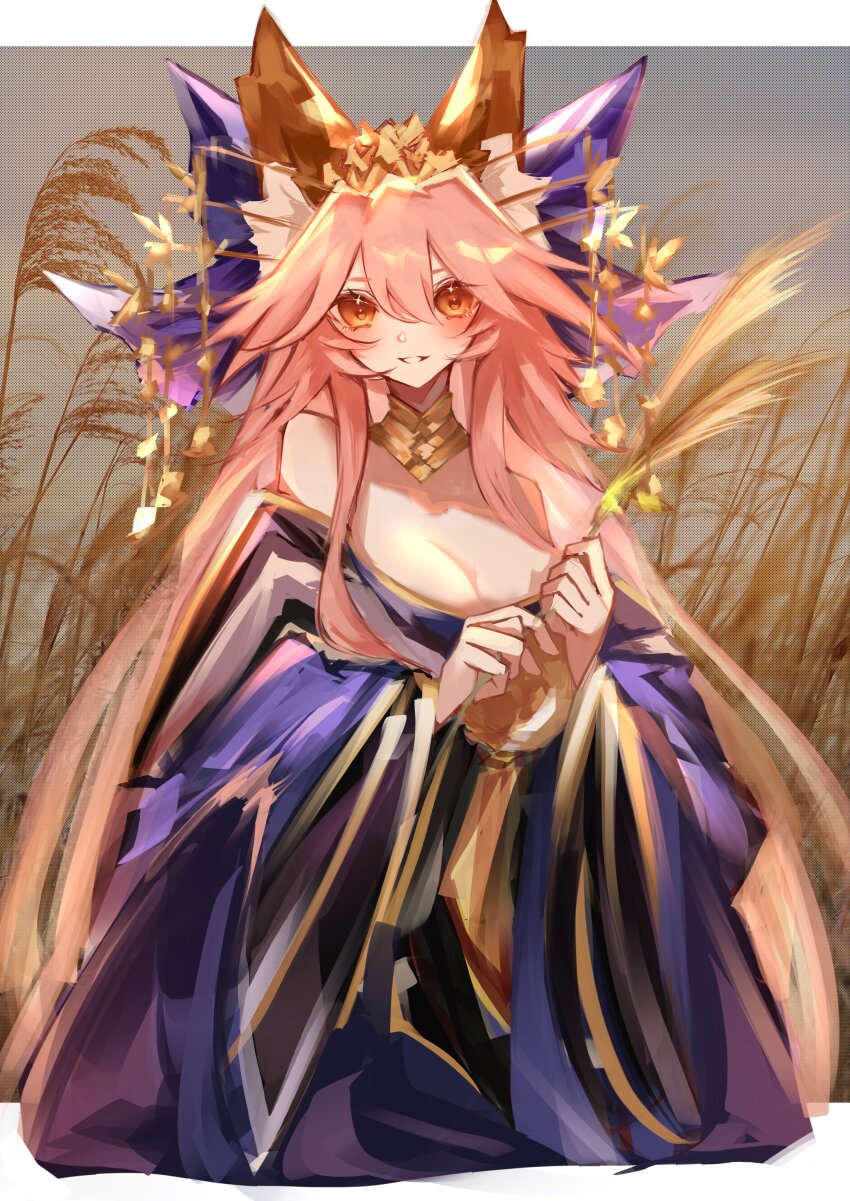 1girl absurdres animal_ear_fluff animal_ears bare_shoulders blush bow breasts cleavage detached_sleeves fate/extra fate_(series) fox_ears fox_girl fox_tail gin_(yza_foxxhermit) hair_bow highres japanese_clothes kimono large_breasts long_hair looking_at_viewer pink_hair ribbon smile solo tail tamamo_(fate) tamamo_no_mae_(fate) tamamo_no_mae_(third_ascension)_(fate) thighhighs wheat wheat_field yellow_eyes