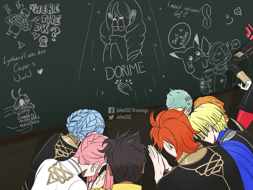 3girls 5boys anger_vein black_hair black_jacket blonde_hair blue_cape blue_hair braid cape caspar_von_bergliez chalkboard claude_von_riegan cool_s crown_braid dimitri_alexandre_blaiddyd earrings edelgard_von_hresvelg ferdinand_von_aegir fire_emblem fire_emblem:_three_houses flayn_(fire_emblem) garreg_mach_monastery_uniform gen_1_pokemon gloves hand_on_own_hip highres hilda_valentine_goneril hubert_von_vestra indoors jacket jewelry johncgz long_hair long_sleeves lysithea_von_ordelia marianne_von_edmund metal_gear_(series) metal_gear_solid_2:_sons_of_liberty multiple_boys multiple_girls nintendo orange_hair out_of_frame own_hands_together palms_together pantyhose patrick_star pikachu pink_hair pokemon pokemon_(creature) praying red_hair red_legwear short_hair spongebob_squarepants_(series) sylvain_jose_gautier twintails white_gloves