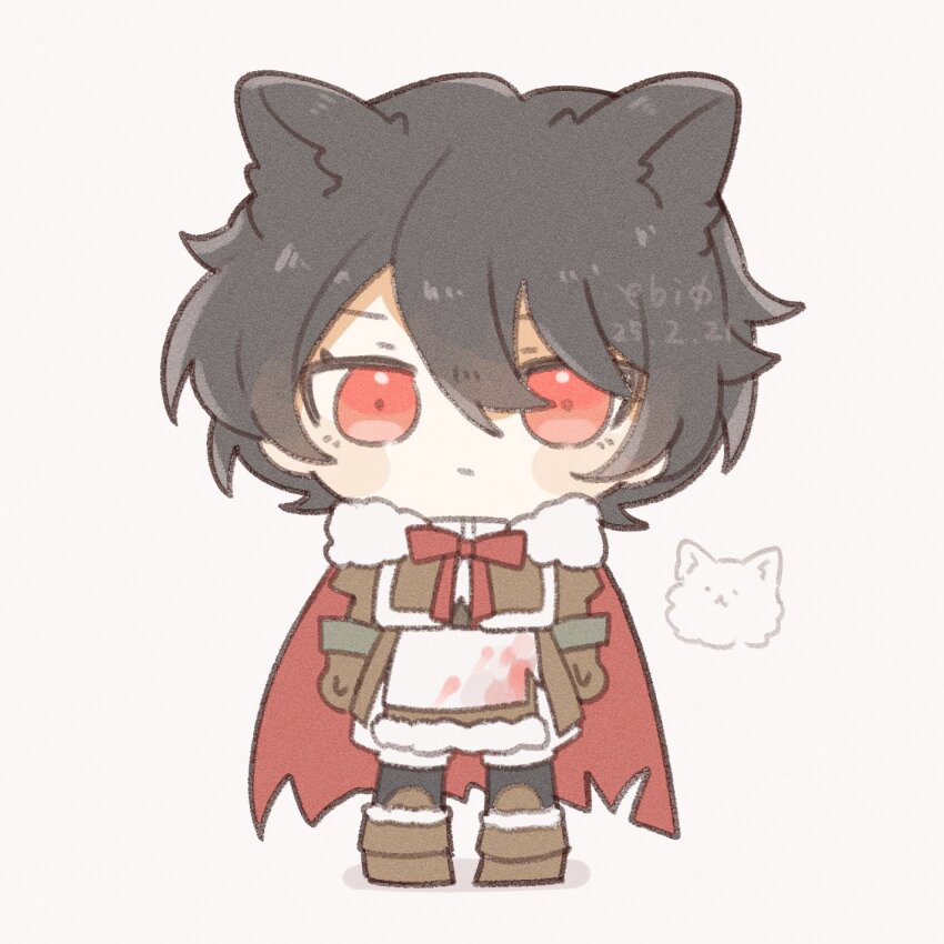 1girl animal_ears artist_name black_hair black_pantyhose boots bow bowtie brown_boots brown_dress cape chibi closed_mouth dated dot_mouth dress ebi0_r full_body hair_between_eyes highres juliet_sleeves kemonomimi_mode long_sleeves looking_at_viewer mondlicht_(reverse:1999) pantyhose puffy_sleeves red_bow red_bowtie red_cape red_eyes reverse:1999 short_hair solo white_background wolf_ears wolf_girl