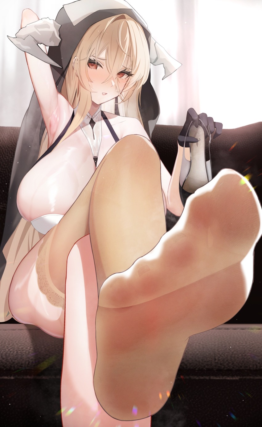 1girl absurdres arm_up armpits azur_lane black_nails blonde_hair blush breasts feet foot_focus foot_up foreshortening gloves hair_between_eyes highres holding holding_shoes horns huge_breasts implacable_(azur_lane) legs long_hair looking_at_viewer nail_polish nude_pantyhose parted_lips red_eyes sensitive shoes sitting smell soles solo spread_toes steaming_body toenail_polish toenails toes unworn_shoes ursica