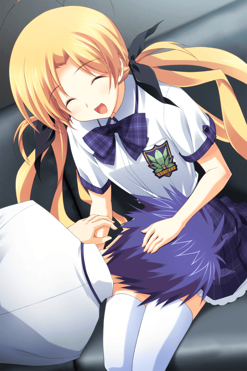 1boy 1girl antenna_hair black_bow black_ribbon blonde_hair blush bow bowtie buttons chaos;head chaos;head_love_chu_chu! closed_eyes couch fingernails from_behind game_cg hair_bow hair_ribbon hand_on_another&#039;s_arm hand_on_another&#039;s_thigh happy headpat highres indoors lap_pillow long_hair lying lying_on_lap matsuo_yukihiro messy_hair miniskirt multiple_hair_bows nishijou_takumi on_couch on_side open_mouth orihara_kozue plaid_bow plaid_bowtie plaid_clothes plaid_skirt plaid_sleeves plaid_trim purple_bow purple_bowtie purple_skirt purple_trim ribbon school_uniform short_hair short_sleeves sitting skirt suimei_academy suimei_school_uniform suimei_summer_uniform thighhighs tongue twintails white_thighhighs zettai_ryouiki