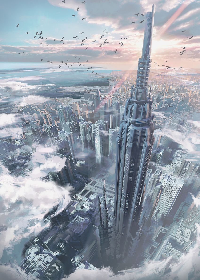 animal bird blue_sky building cityscape cloud commentary_request from_above highres horizon no_humans ocean official_art outdoors psycho-pass scenery sky skyscraper sunset swav tower water