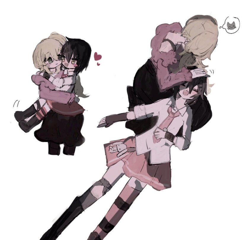 2girls a_umanee black_hair black_skirt blonde_hair closed_eyes collared_shirt comforting fingerless_gloves gloves green_eyes heart kure_kirika long_hair lying_on_person mahou_shoujo_madoka_magica mahou_shoujo_oriko_magica medium_hair mikuni_oriko multiple_girls pink_skirt shirt short_hair side_ponytail skirt white_background white_shirt yuri
