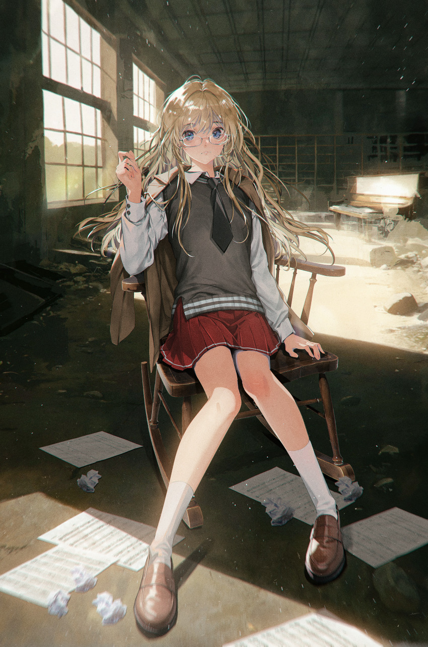 1girl absurdres black_necktie blonde_hair blue_eyes brown_jacket brown_shoes chair closed_mouth crumpled_paper dated_commentary film_grain frown full_body grey_sweater_vest hand_up highres indoors jacket knees_together_feet_apart loafers long_hair long_sleeves looking_at_viewer miniskirt necktie on_chair original paper parted_bangs pleated_skirt red_skirt rocking_chair rubble ruins school_uniform shiomi_(lowrise) shirt shoes sitting skirt socks solo straight-on sweater_vest unworn_jacket white_shirt white_socks window_shadow wooden_chair