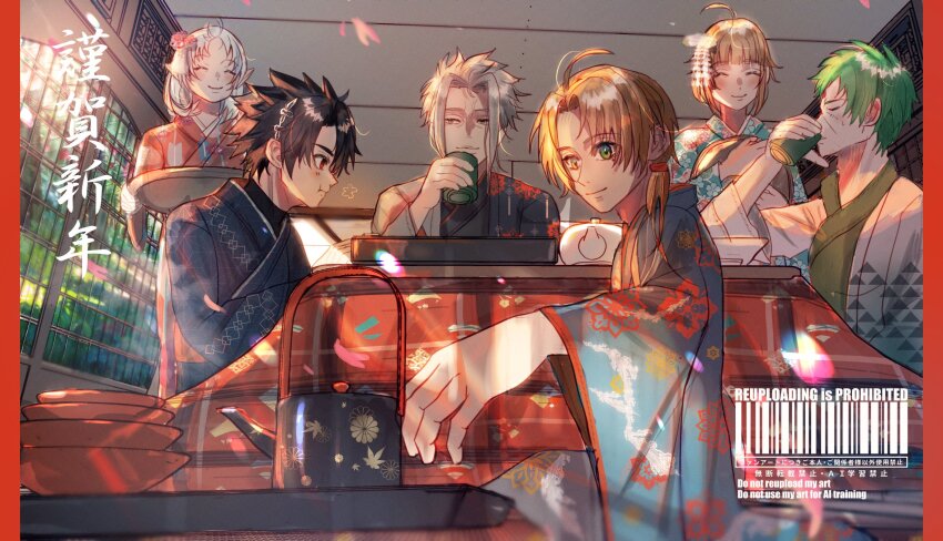 2girls 4boys ahoge aleksander_ryback black_hair blonde_hair blush cup drinking eating flower flower_pattern forehead_jewel green_eyes green_hair hair_flower hair_ornament hairband happy highres holding holding_tray indoors japanese_clothes kimono kotatsu light_particles mole mole_under_eye multiple_boys multiple_girls mushoku_tensei norn_greyrat orsted_(mushoku_tensei) red_eyes relaxing rudeus_greyrat ruijerd_superdia skasr_033 smile sylphiette_(mushoku_tensei) table tray white_hair yellow_eyes yunomi
