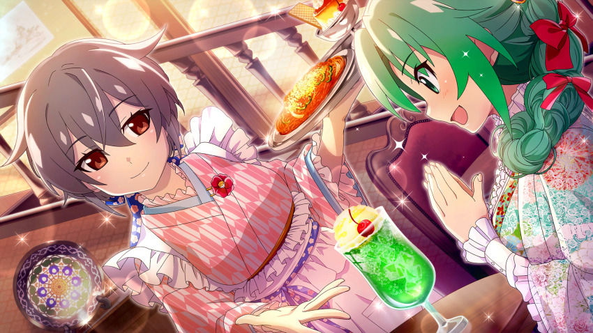 :d apron bow braid brown_eyes cafe closed_mouth crossed_bangs cup drinking_glass dutch_angle frilled_apron frilled_kimono frills game_cg green_eyes green_hair grey_hair hair_between_eyes hair_bow highres higurashi_no_naku_koro_ni higurashi_no_naku_koro_ni_mei holding holding_tray hurricane_glass indoors japanese_clothes kimiyoshi_kazuho kimono lens_flare looking_at_food maid maid_apron melon_soda non-web_source official_alternate_hairstyle official_art open_mouth red_bow short_hair single_braid smile sonozaki_mion sparkle standing tray wa_maid white_apron wide_sleeves