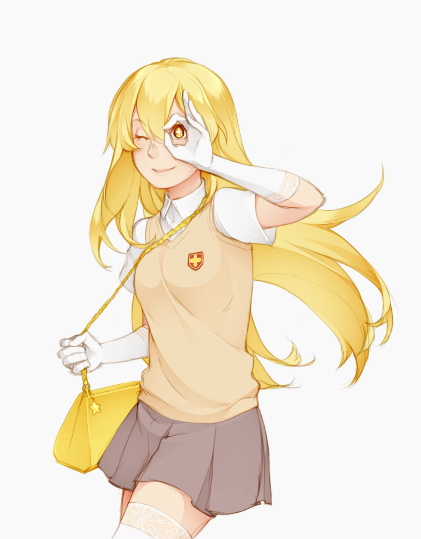 1girl ;) bag blonde_hair bright_pupils brown_sweater brown_sweater_vest brown_vest chain closed_mouth collared_shirt commentary cowboy_shot elbow_gloves emblem english_commentary gloves gold_chain grey_skirt hair_between_eyes hand_up handbag highres holding holding_chain lips looking_at_viewer miniskirt nose one_eye_closed orange_eyes pleated_skirt school_emblem school_uniform shirt shokuhou_misaki short_sleeves simple_background skirt sleeveless sleeveless_sweater smile solo spider_web_print standing star-shaped_pupils star_(symbol) summer_uniform sweater sweater_vest symbol-shaped_pupils thighhighs toaru_majutsu_no_index tokiwadai_school_uniform v-neck vest vilatile white_background white_gloves white_pupils white_shirt white_thighhighs zettai_ryouiki