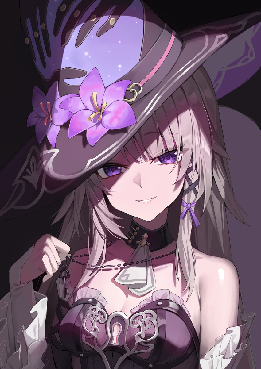 1girl ascot bare_shoulders breasts brown_hair commentary detached_sleeves dress duplicate flower hair_ribbon hand_up hat hat_flower herta_(honkai:_star_rail) highres honkai:_star_rail honkai_(series) jewelry key key_necklace krux_(k_krux) long_hair looking_at_viewer medium_breasts necklace parted_lips pixel-perfect_duplicate purple_eyes purple_flower purple_ribbon ribbon shade smile solo strapless strapless_dress the_herta_(honkai:_star_rail) upper_body white_ascot witch_hat