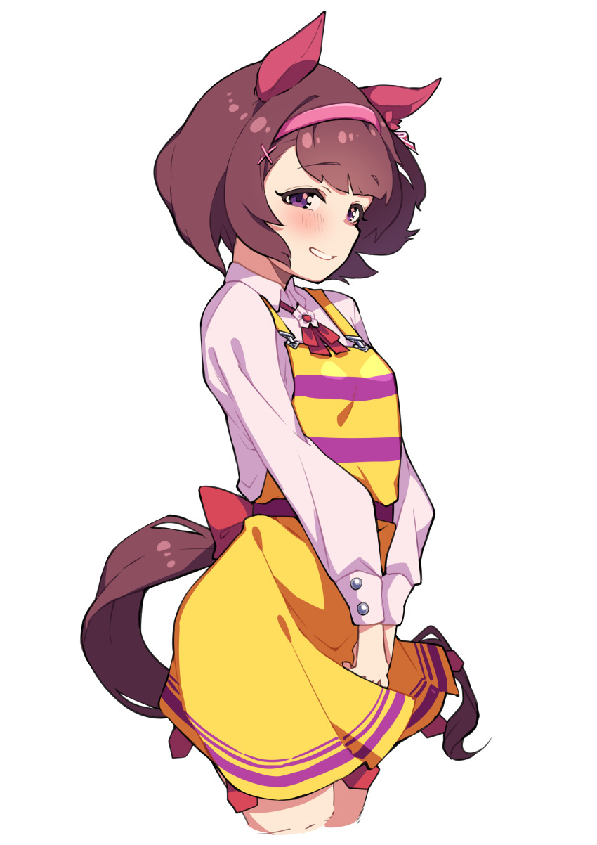 1girl absurdres animal_ears blush brown_hair commentary ear_covers hairband highres horse_girl horse_tail long_sleeves looking_at_viewer nishino_flower_(umamusume) pink_hairband pink_shirt shirt short_hair simple_background skirt smile solo tail umamusume white_background yuki_usagi_(agtd5758)