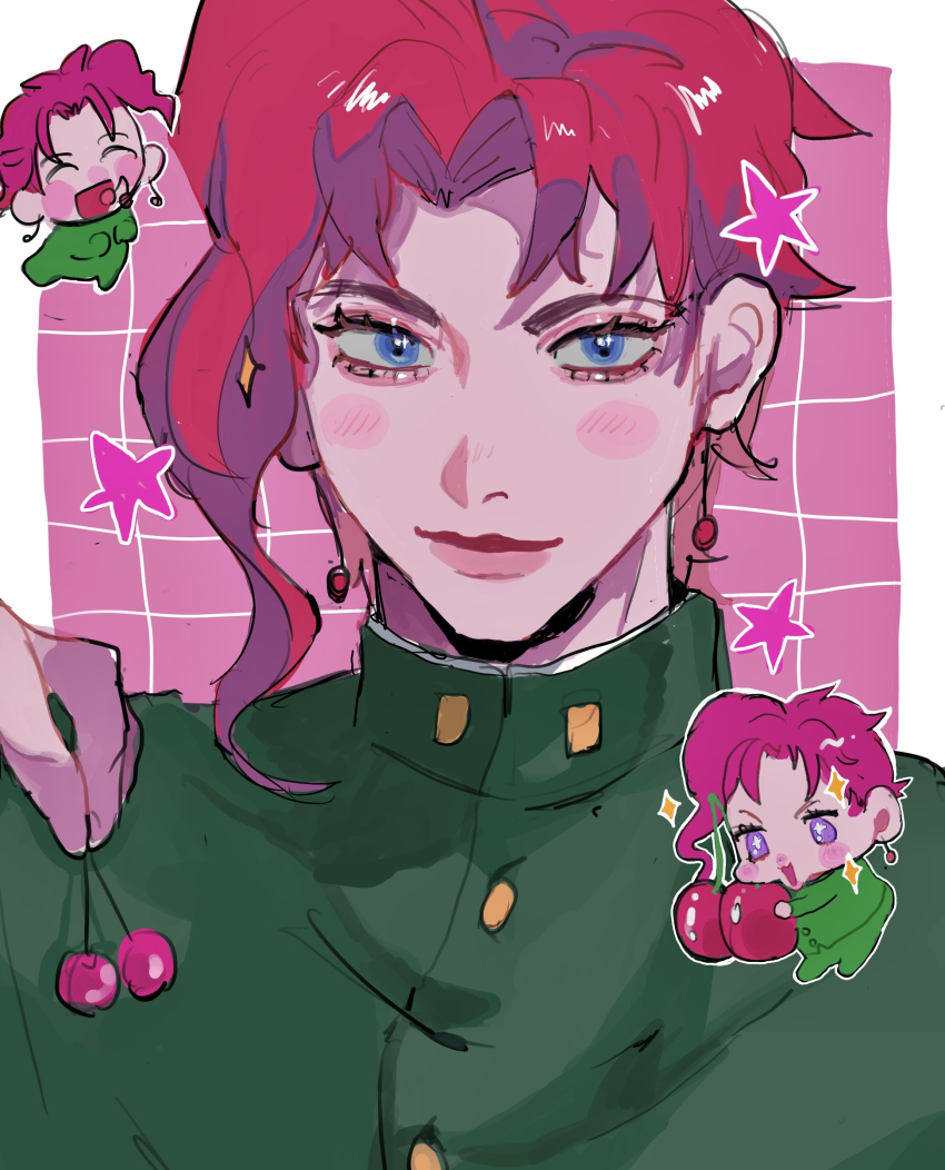 1boy absurdres asymmetrical_bangs asymmetrical_hair bishounen blue_eyes blush buttons cherry cherry_earrings chibi chibi_inset curtained_hair earrings eyelashes food food-themed_earrings food_themed_earrings fruit fruit_earrings gakuran green_gakuran grid_background highres holding holding_food holding_fruit jewelry jojo_no_kimyou_na_bouken kakyoin_noriaki looking_at_food looking_at_viewer male_focus matubaru_chan parted_bangs pink_theme purple_eyes red_hair red_lips school_uniform short_hair smile sparkle star_(symbol) stardust_crusaders