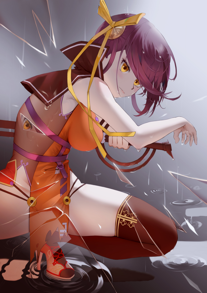 1girl absurdres black_hair black_thighhighs breasts chest_harness china_dress chinese_clothes dress hair_ribbon harness heaven_burns_red highres holding holding_knife knife large_breasts li_yingxia lz0o0 pelvic_curtain ribbon side_slit sleeveless thighhighs yellow_eyes yellow_ribbon