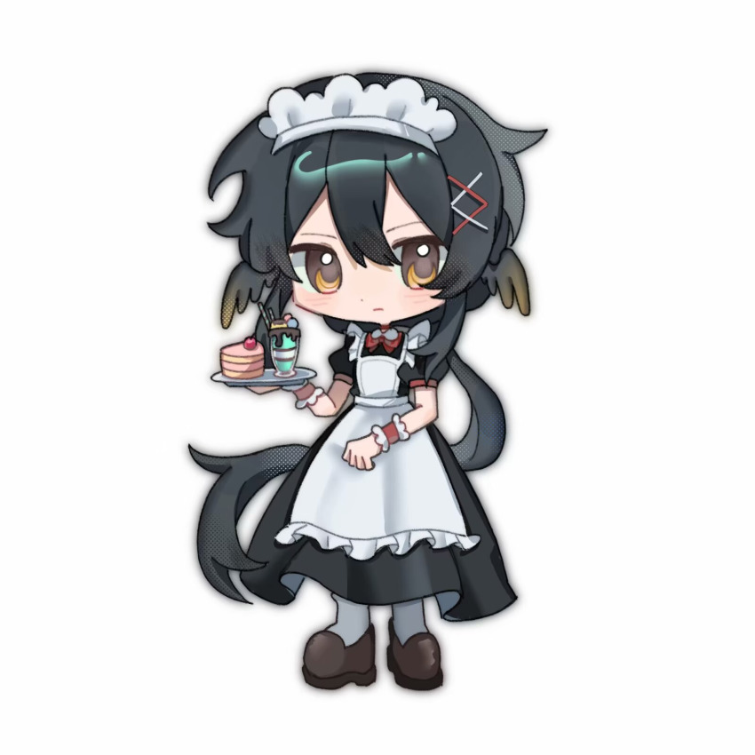 1boy alternate_costume animal_ears apron bird_ears black_dress black_hair bow bowtie brown_shoes cake cake_slice chibi chinese_commentary closed_mouth collared_dress commentary_request crossdressing crossdressing_(mtf) dot_nose dress dress_shoes enmaided expressionless food frilled_apron frilled_wrist_cuffs frills full_body grey_outline grey_pantyhose hair_between_eyes hair_ornament hairclip halftone highres holding holding_tray light_blush light_frown long_hair looking_at_viewer low_ponytail maid maid_headdress male_focus male_maid mismatched_wrist_cuffs outline pantyhose parfait pink_wrist_cuffs pleated_dress ponytail puffy_short_sleeves puffy_sleeves qianwa_shi_biao real_life red_bow red_bowtie red_wrist_cuffs shoes short_sleeves simple_background solo standing tray very_long_hair weiyunsi white_apron white_background wrist_cuffs x_hair_ornament yellow_eyes