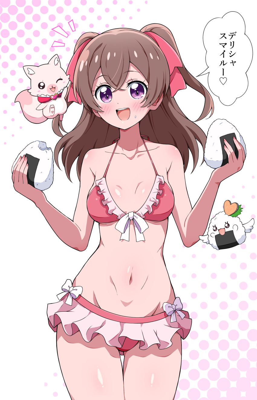 1girl 2others absurdres bikini blush breasts brown_hair delicious_party_precure eggman_(ni_tamagoex) fairy food fox hair_ribbon highres holding holding_food kome-kome long_hair midriff multiple_others nagomi_yui navel one_eye_closed onigiri open_mouth precure purple_eyes recipipi red_bikini red_ribbon ribbon rice_ball_recipipi small_breasts smile swimsuit two_side_up